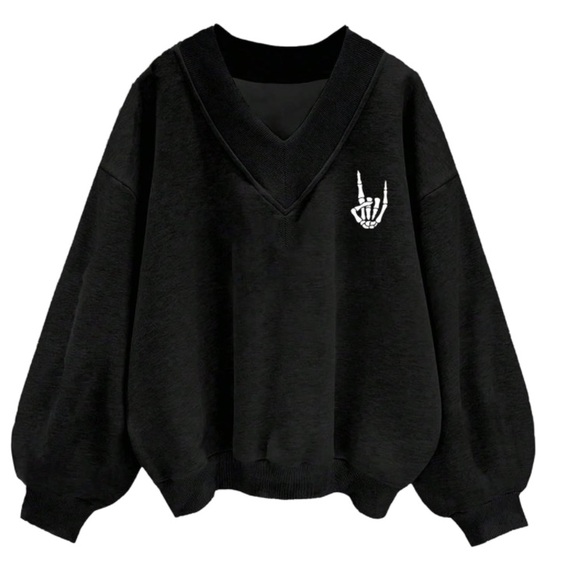 Tops - 🌹🆕 Y2K Fleece Sweatshirt V-Neck Skeleton Hand Design XS